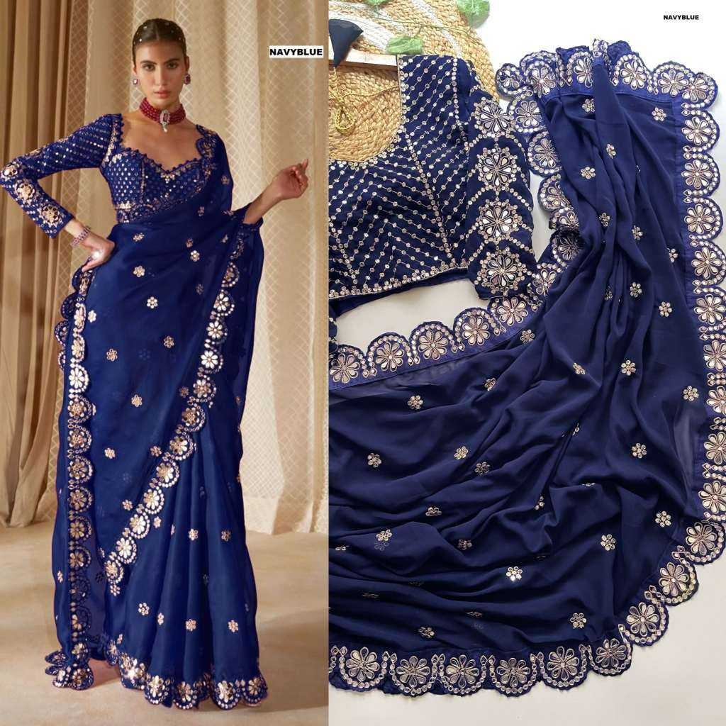 Navy Blue Faux Georgette Wedding Collections Designer Mirror Work Sarees - Image 1