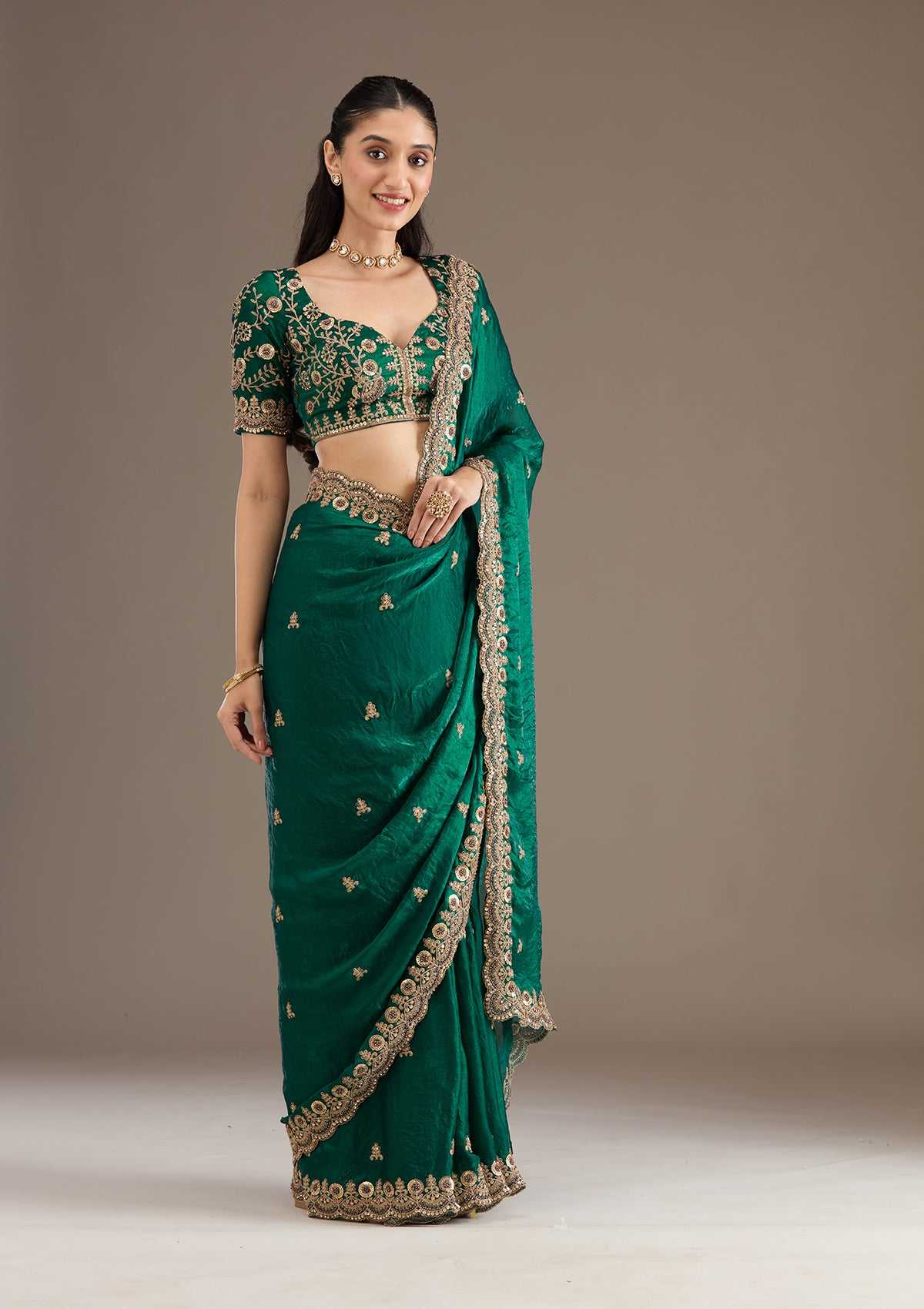 Pine Green FENDY Luxury Designer Embroidered Satin Sarees (Pine Green) - Image 1