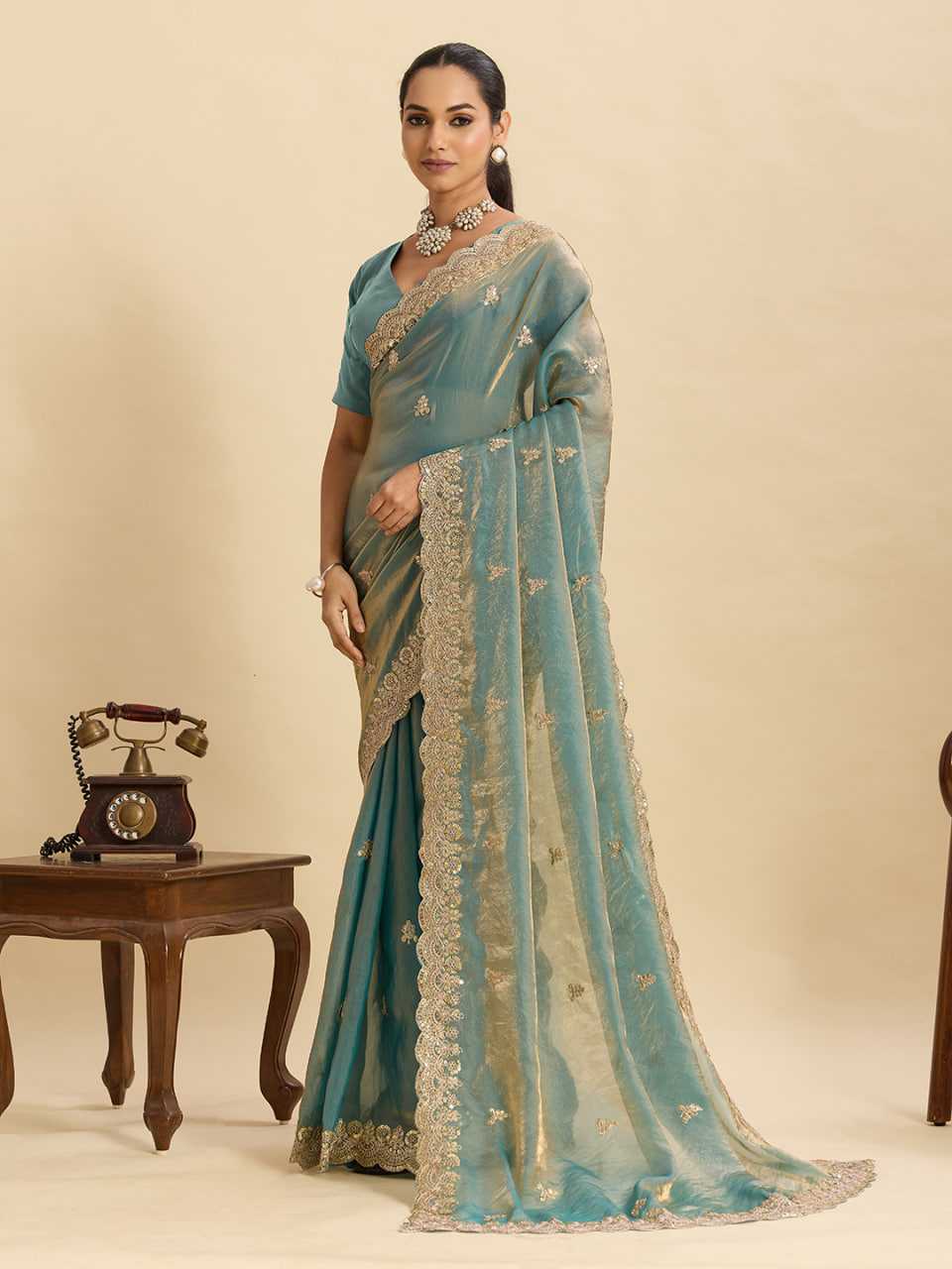 Pista FENDY Luxury Designer Embroidered Satin Sarees (Pista) - Image 1