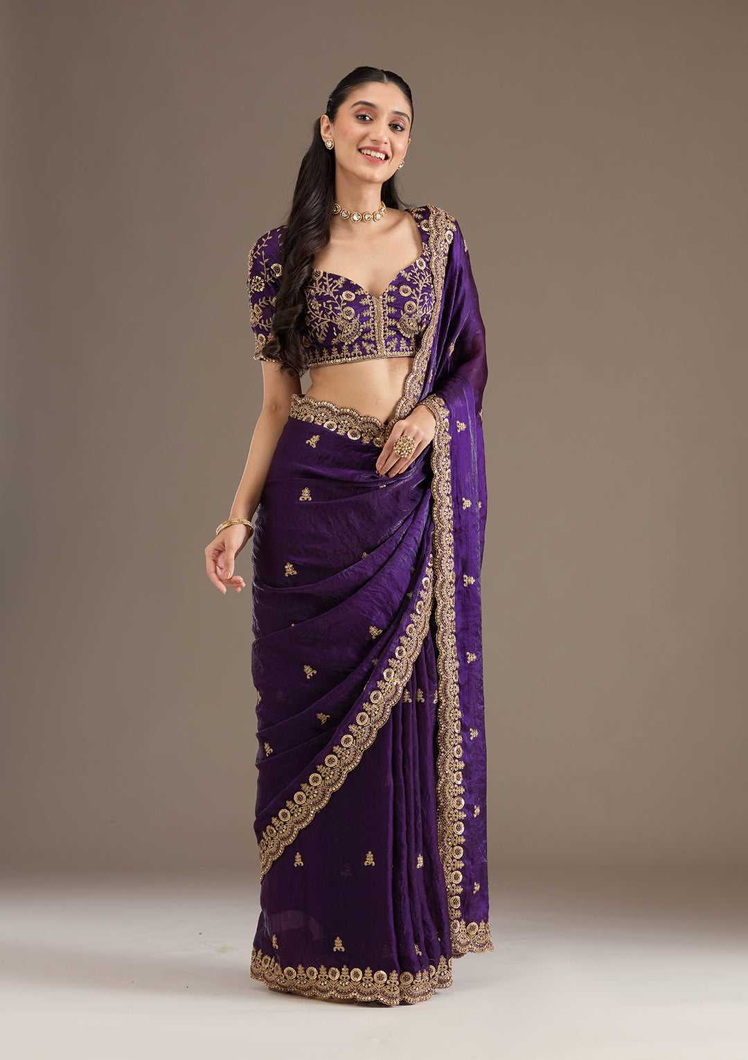 Purple FENDY Luxury Designer Embroidered Satin Sarees (Purple) - Image 1